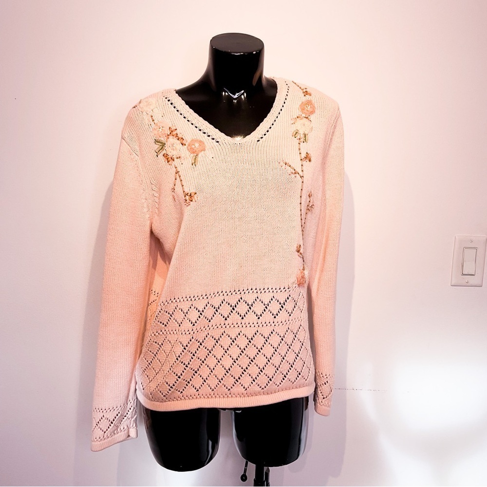 Vintage Baby Pink Knit Sweater Ribbon Floral Embroidery